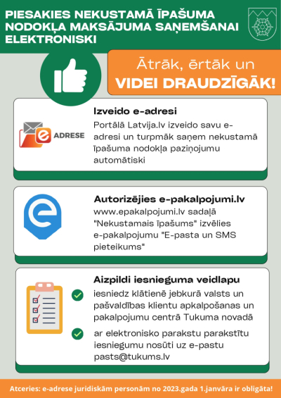 Infografika kā pieteikties nekustamā īpašuma nodokļa paziņojumu saņemšanai elektroniski