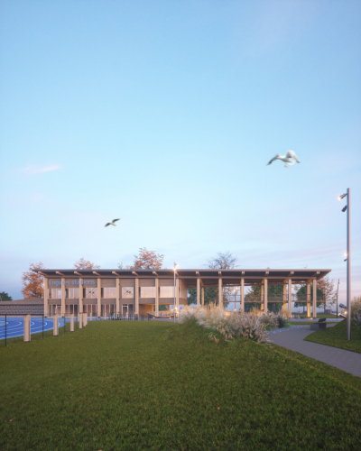 Engures stadiona vizualizācija - moderna celtne vasarīgā laikā